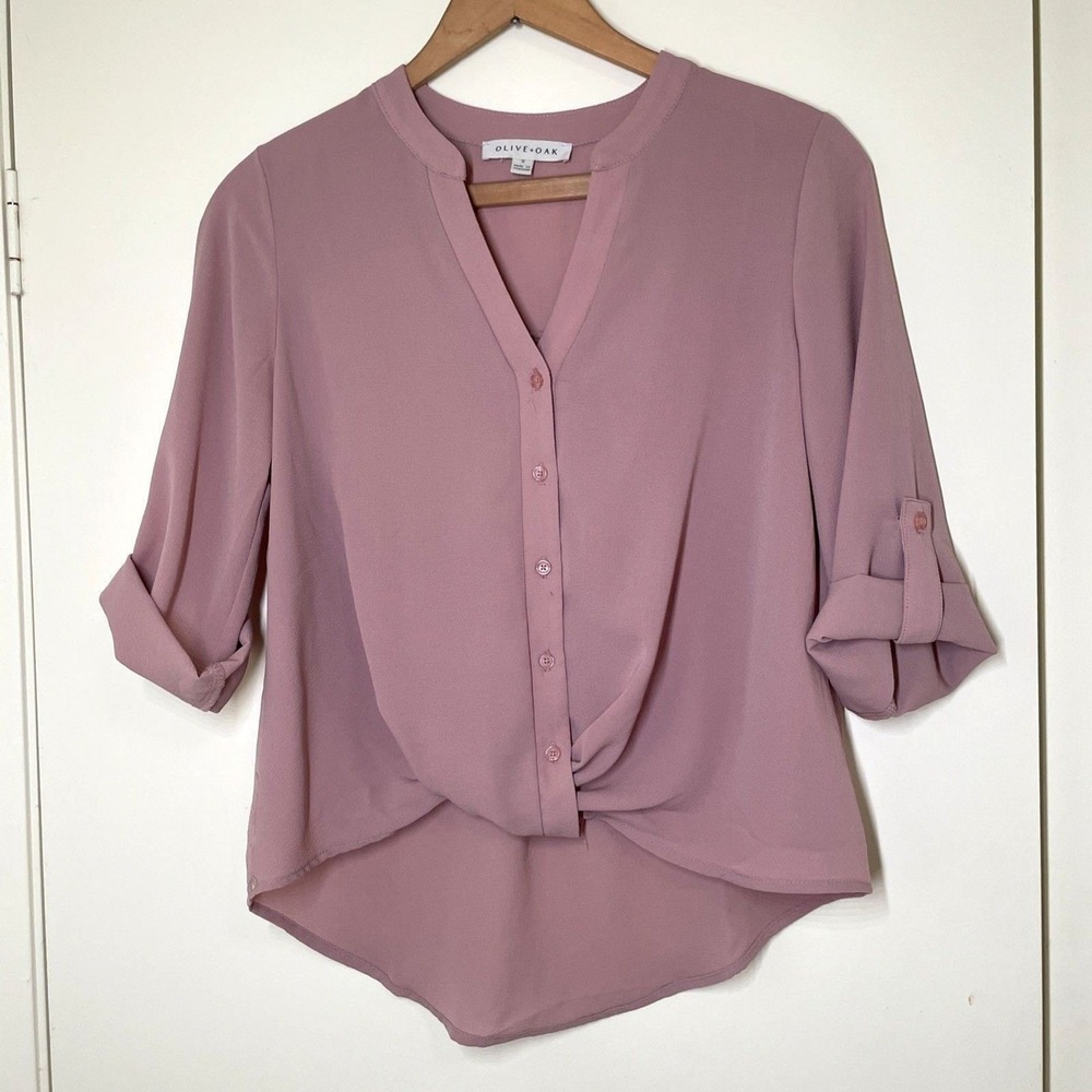 OLIVE + OAK Button Down 3/4 Sleeve Shirt Top SMALL Pink Mauve Blush Cuff Sleeves
